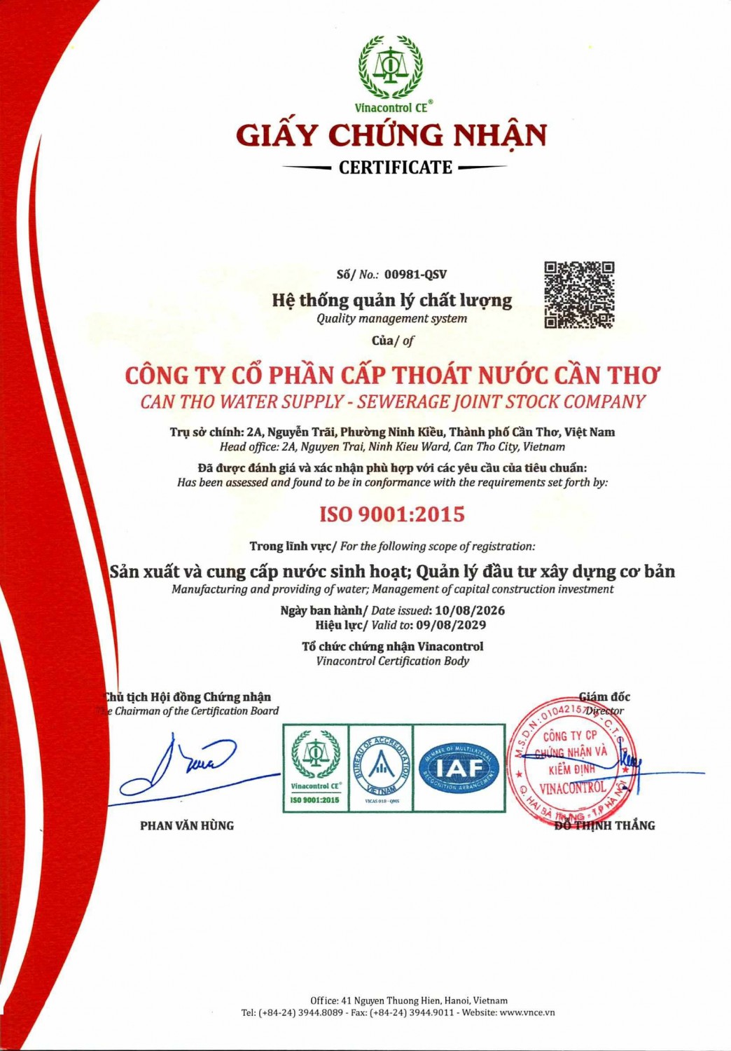 Giấy chứng nhận hệ thống quản lý chất lượng đạt tiêu chuẩn ISO 9001:2015 năm 2026