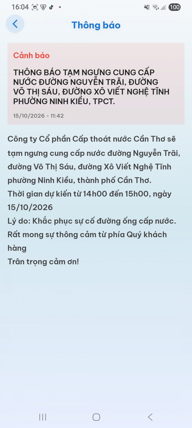 Chi tiết lịch tạm ngừng cấp nước